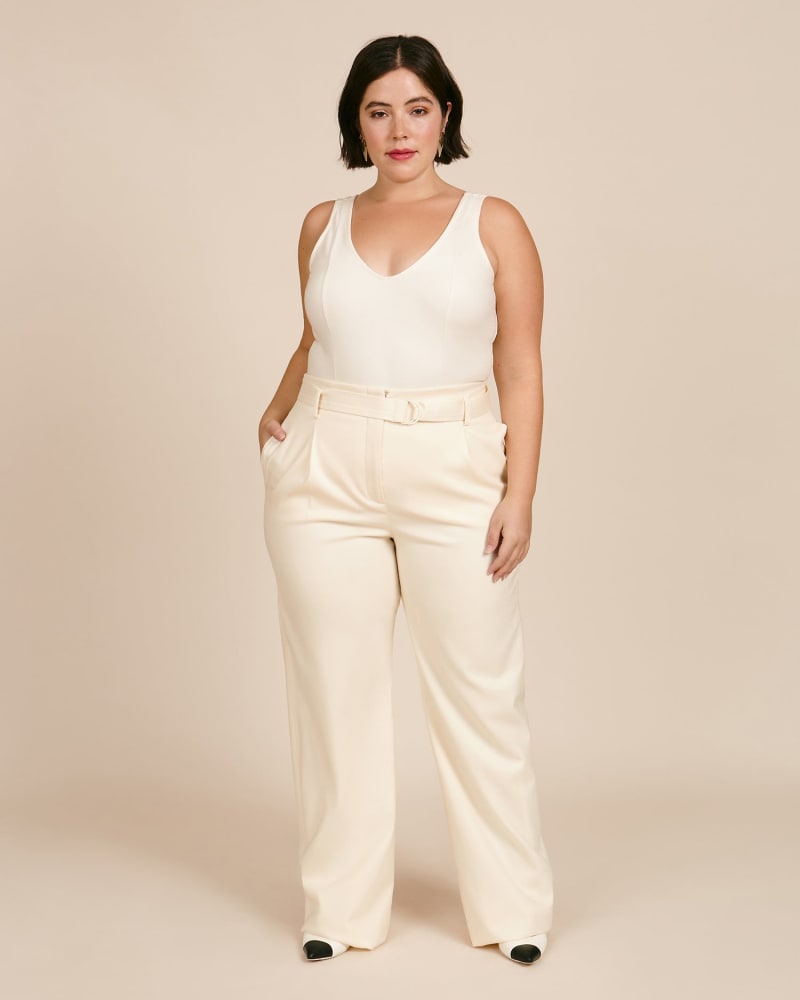 Front of a model wearing a size 18 Luxe Wool Twill High Waisted Belted Pant in Ivory by LAPOINTE. | dia_product_style_image_id:231354